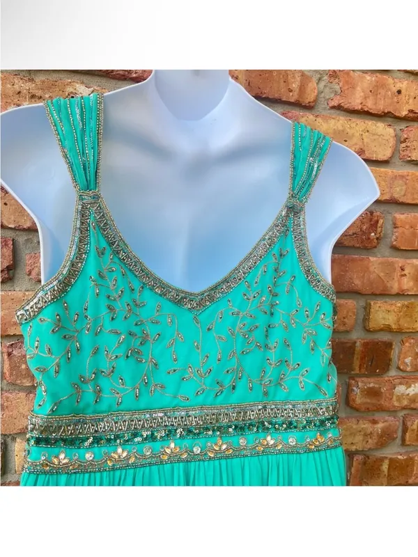 Vintage Stenay Green Gold Beaded Silk Fit & Flare Pleated Midi Dress Size 14 - Image 10