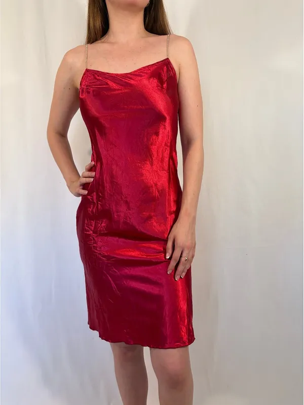 Red Satiny Rhinestone Strap Midi Dress - Image 5