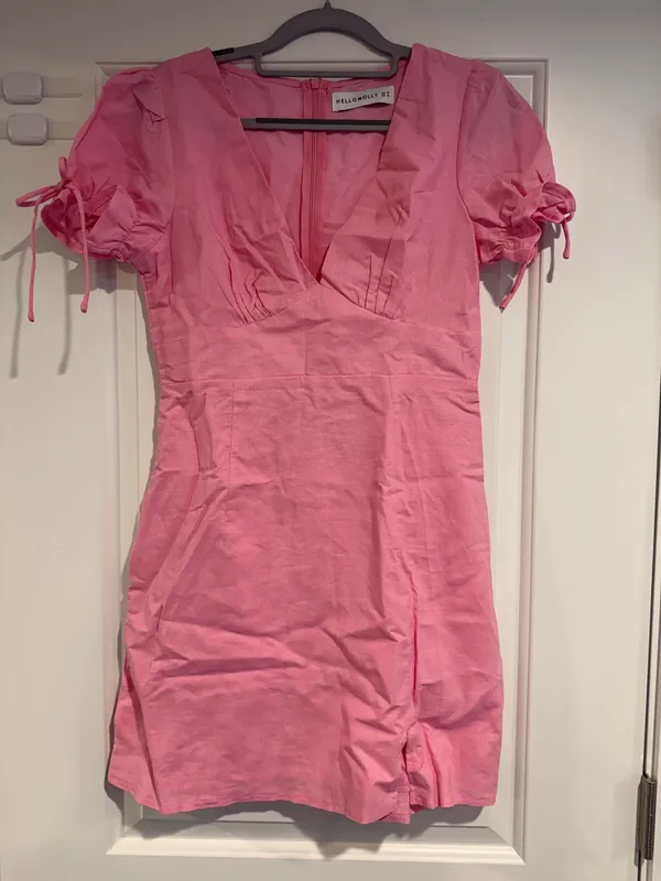 Hello Molly Pink Mini Dress Women's Size M V Neck Coquette Linen Cotton - Image 4