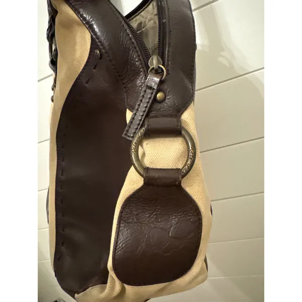 Kate Landry Brown Leather Tan Canvas Shoulder Bag Crest Braided Straps Boho - Image 8