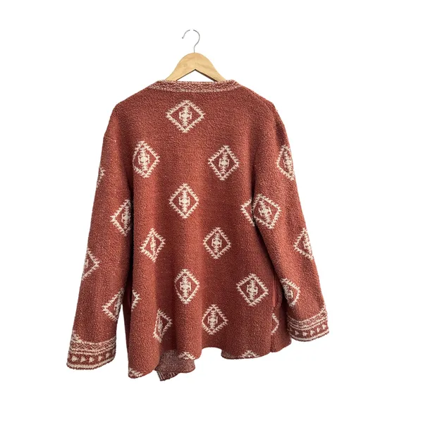 Miss Me Southwestern Boho Diamond Open Front Cardigan Sweater Medium Rust Orange - Image 2