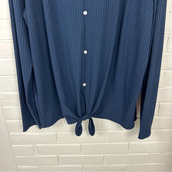 LOFT Navy Ribbed Knit Button Tie Front Long Sleeve Top Size XL - Image 4