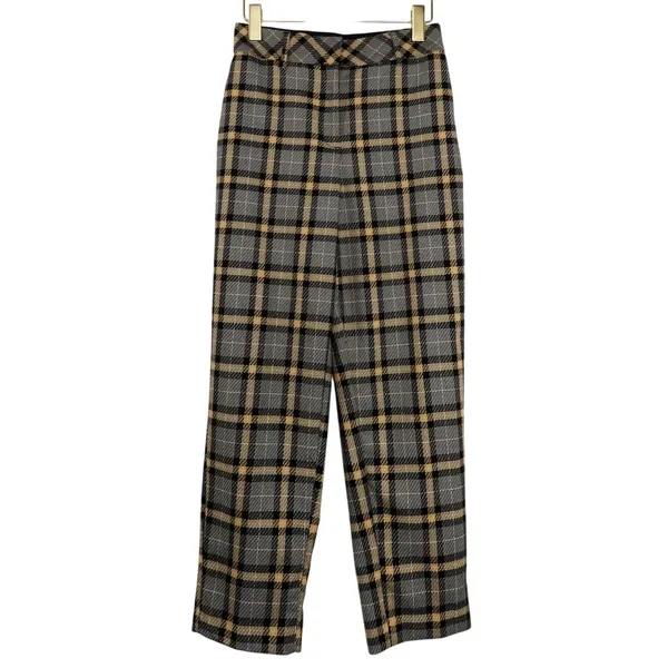 H&M Tan Black Plaid High Rise Straight Leg Trousers Pants Size 4 - Image 2