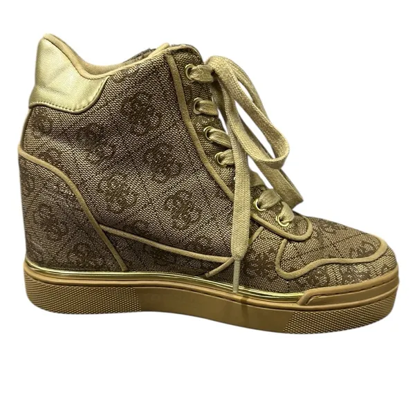 Guess Fiora Wedge Sneaker Lace and Zip Up Brown Cream Gold Shoes Womens 5 M - Image 5