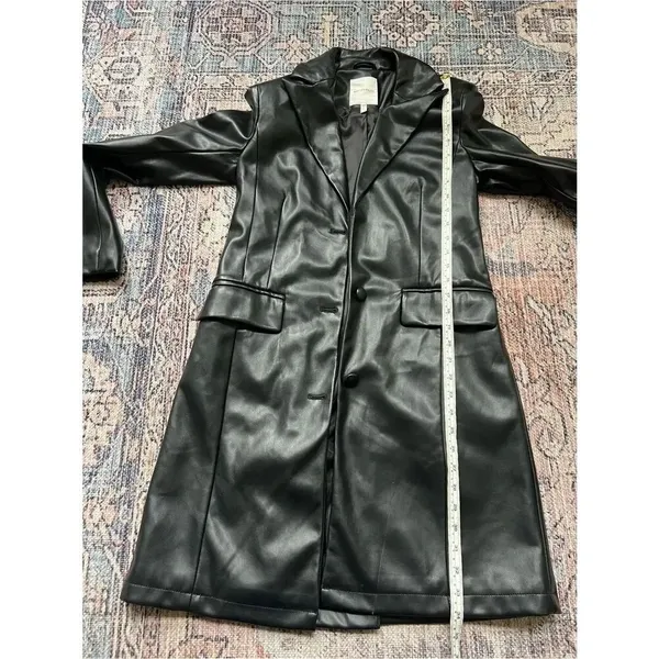Avec Les Filles Black Faux Leather Long Blazer Jacket Button Down Coat XS - Image 14