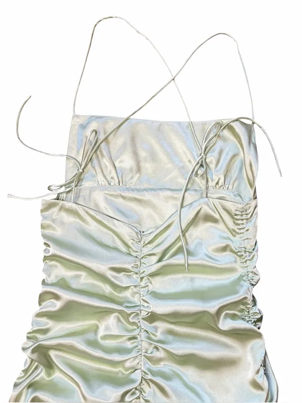 PRINCESS POLLY Chartreuse Satin‎ Tie Shoulder Straps Ruched Mini Dress, Size 4 - Image 8