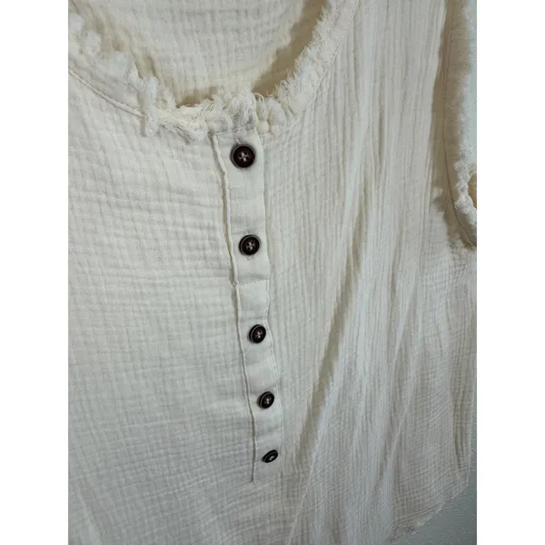 Mello Los Angeles Womens Cream Cotton Gauze Henley Tank Top Frayed‎ Trim Medium - Image 3