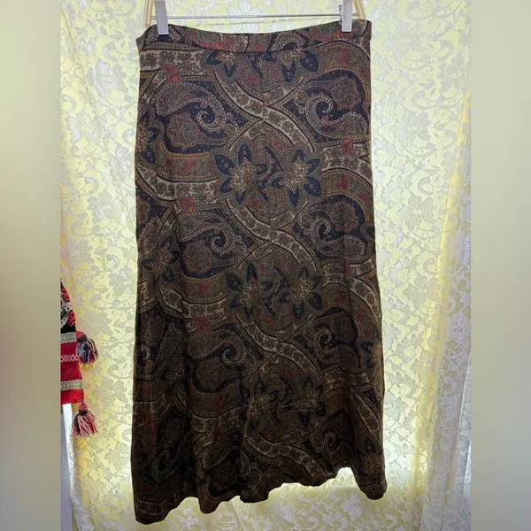 Bohemian Paisley midi Skirt vintage brown black 90s medium euc - Image 5