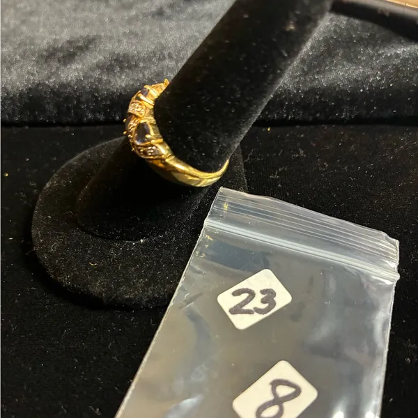 Gold tone Cocktail Ring with Clear and blue Stones size 8 - Image 2