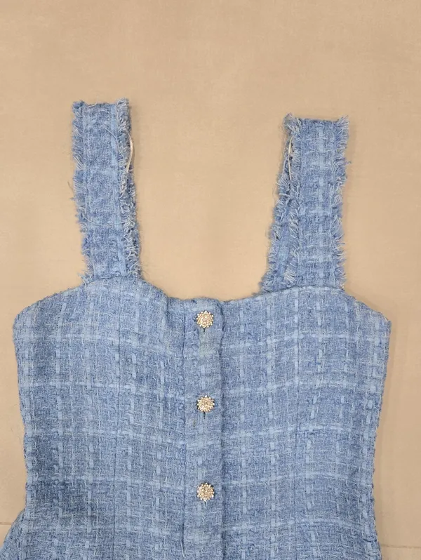 New Zara Sky Blue Tweed Dress With Crystal Buttons Size S - Image 7