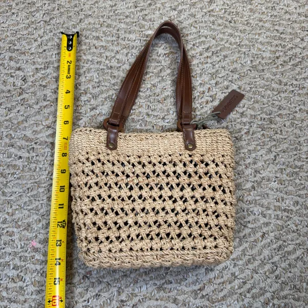 VTG Small Express Woven Straw Tote Bag Beige Leopard Print Lining Crochet Summer - Image 2