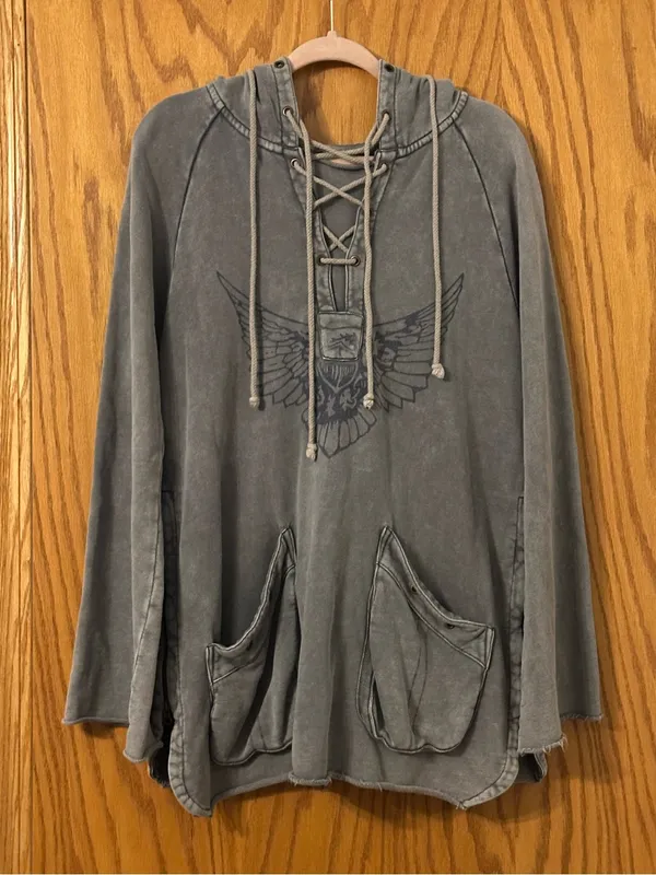 We The Free Women's Gray Lace-Up Hooded Pullover Hoodie - Size L - Image 2