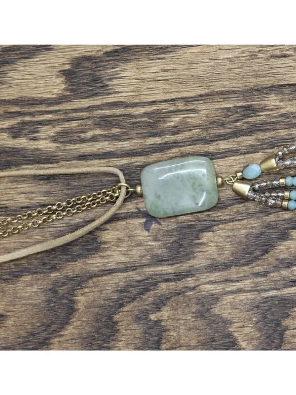 Tassel Pendant Necklace with Faux Leather Cord Tan Brown / Blue Multi 28" - Image 4
