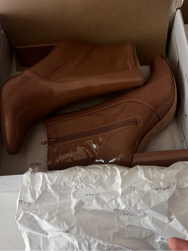 Patent Leather Nude Mid-Calf Block Heel Boots - Women - Image 5