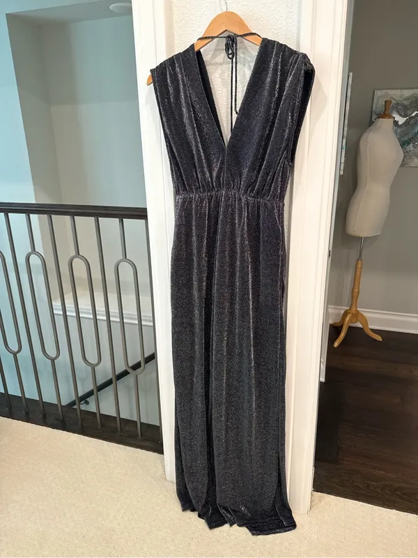 Buy Together Metallic Shimmer Wide Leg Jumpsuit Black Silver Evening - Image 5