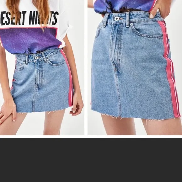 ZARA Authentic Denim TRF Womens Size Small Blue Denim Jean Skirt Red Stripe Mini - Image 2