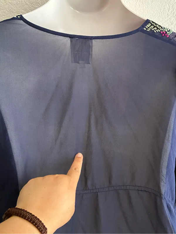 Anthropologie Saivana Silk Beaded Sheer Embroidered V-Neck Peasant Navy Blouse M - Image 13
