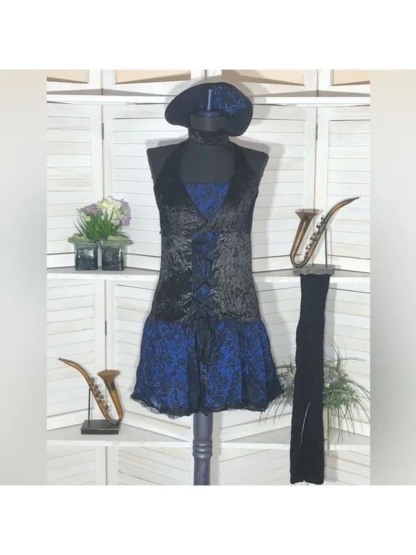 Vampire Lace velvet Mini Dress Blue Black whimsigoth punk goth witch Alt cosplay - Image 2