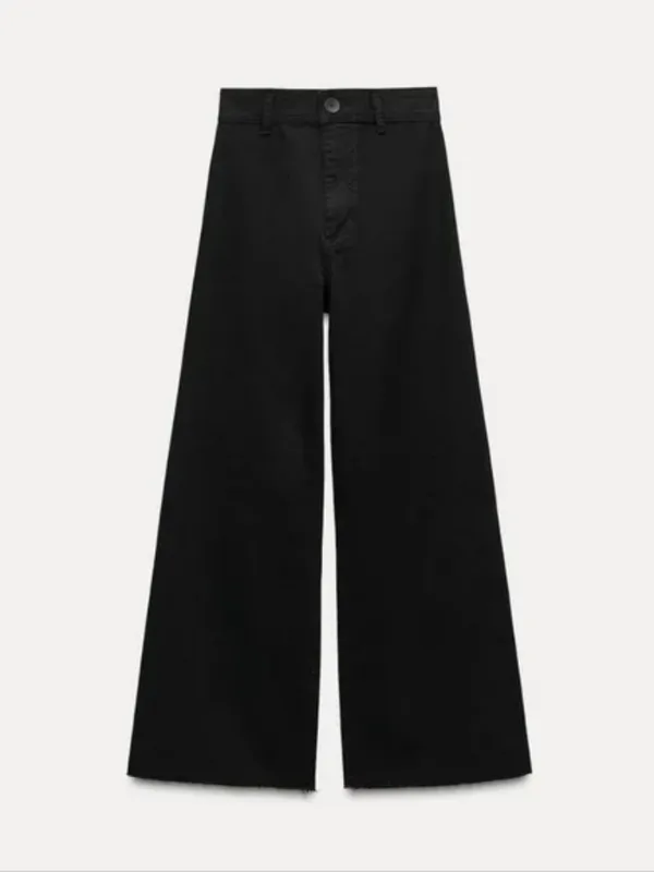 Zara The Marine Straight Wide Leg Raw Hem Jeans in Black Size 0 - Image 4
