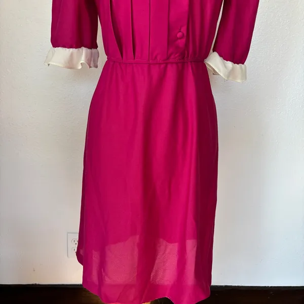 Vintage 70s 80s Pink and White Short Sleeve Midi Dress - Image 4