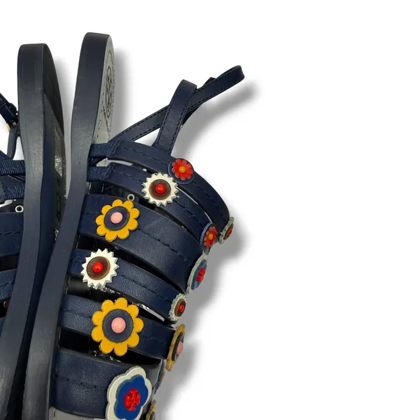 Tory Burch Marguerite Sandals 8 Navy Leather Floral Summer Casual‎ Boho - Image 9