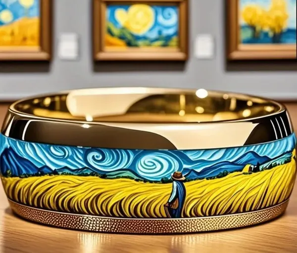 Van Gogh Starry Night & Wheat Field Art Ring - Retro Stainless Steel Size 13 - Image 2
