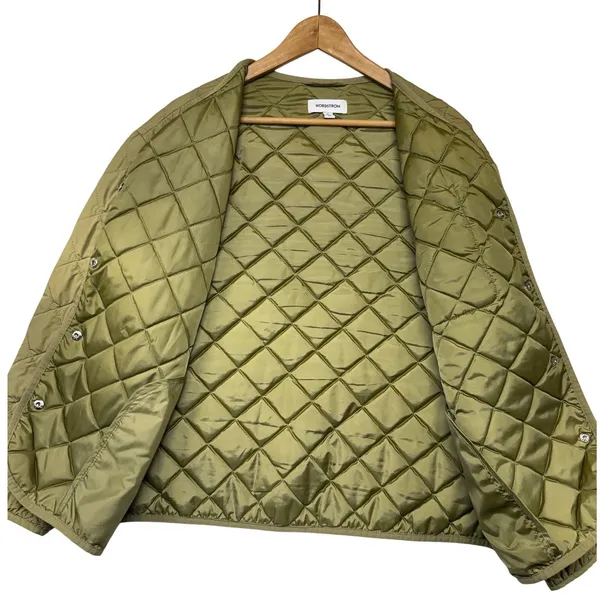 Nordstrom Quilted Liner Jacket‎ Medium Olive Green Diamond Stitch Snap Front - Image 4