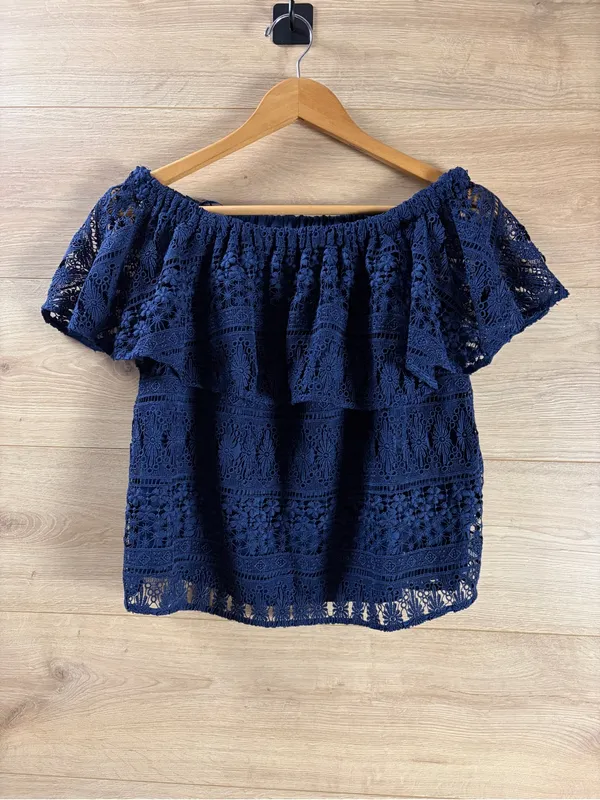 LIKELY Off-Shoulder Navy Lace Top XS - Image 2