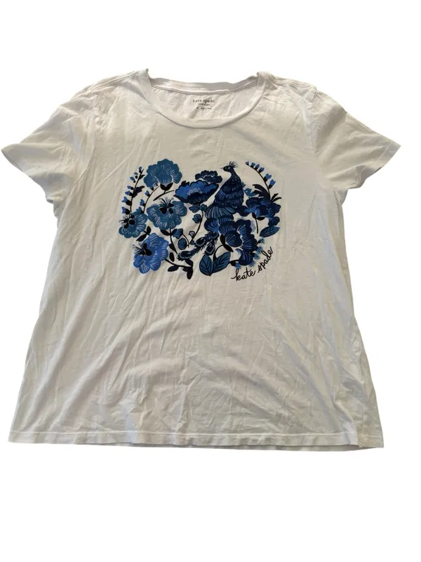 kate spade XL White blue peacock embellished Short Sleeve Tee casual lux Rio - Image 2