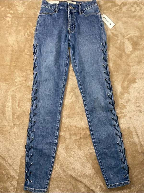 NWT PacSun Medium Blue lace up Side Skinny Jeans size 22 - Image 4
