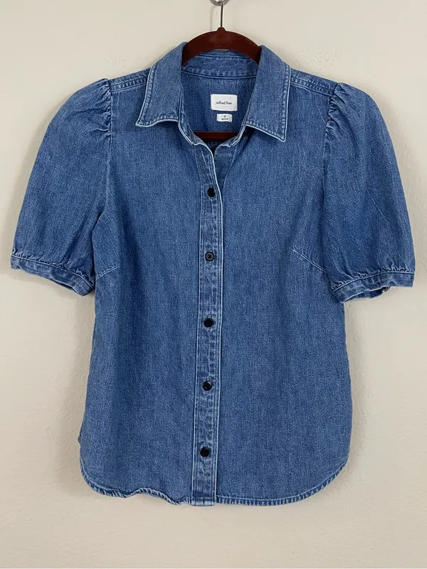 Aritzia Wilfred Ocean‎ Medium Blue Puff-Sleeve Denim Button-Down Shirt Size XS - Image 3