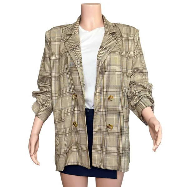 MAJORELLE Rhea Double-Breasted Blazer, Tan Plaid, XL - Image 7