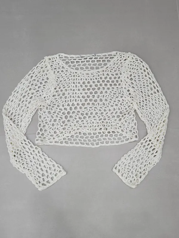 Zara Crochet Open-Knit Long Sleeve Top & Shorts Set In White Size XS/S - Image 5