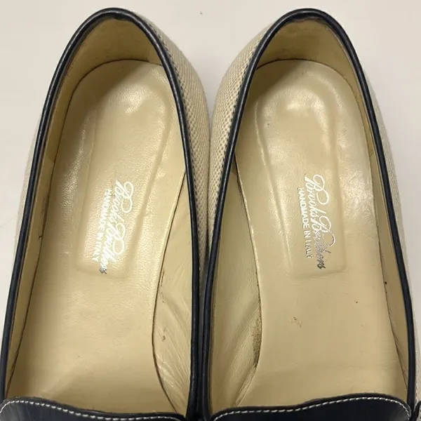 Brooks Brothers Beige Navy Twill and Leather Classic Slip-On Loafers- Size 8 - Image 6