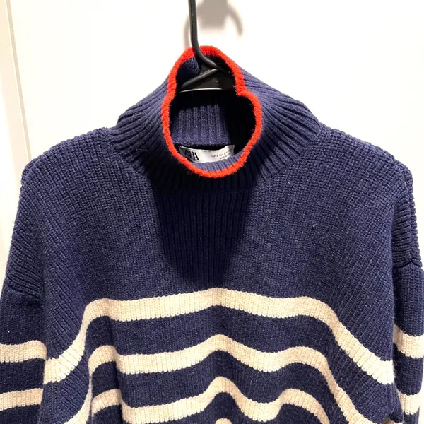 Zara Striped Mock Neck Sweater Womens Small Navy Blue Red Trim‎ Nautical Ribbed - Image 3