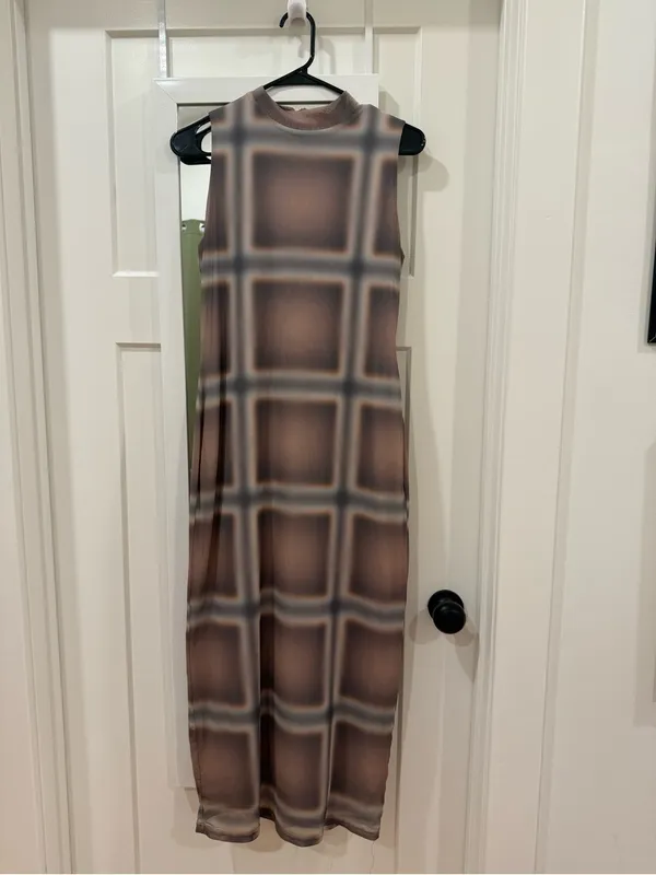 Another Girl Beige Checked Sleeveless High Neck Maxi Dress Size Large - Image 4