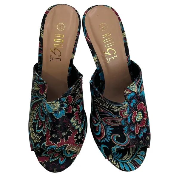 Rouge Helium Clear Heeled Mules Floral Embroidered Heels Open Toe‎ Size 6 - Image 2
