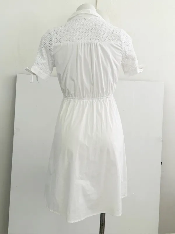 NEW Monteau White Eyelet Midi Dress buttons SMALL tie sleeve cottage womens - Image 6