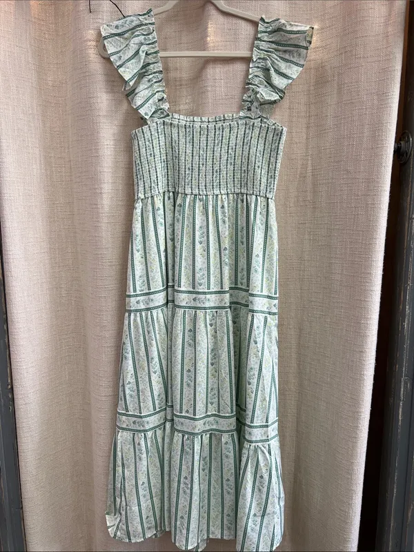 Blu Pepper Stripe Floral Pattern Smocked Tiered Midi Dress Last One Size Large - Image 11