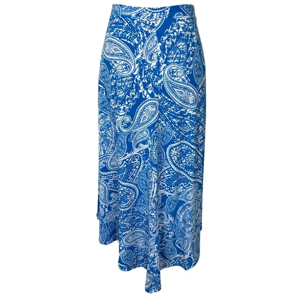 Chico's Asymmetric Handkerchief Hem Midi Skirt Blue Paisley Stretch Size 2 Large - Image 4