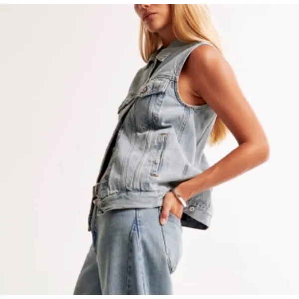 Abercrombie & Fitch Sz S Denim Light Wash Button Vest Real Pockets Streetwear - Image 4