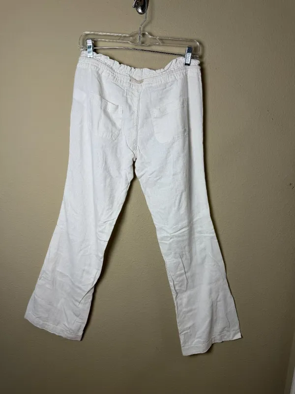 ROXY White Linen Drawstring Wide Leg White Pants Trousers Size Small - Image 4