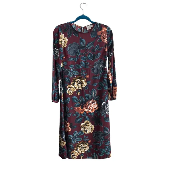 ASOS Midi Dress Women 6 Burgundy Floral Dark Academia Long Sleeve Tea Dress - Image 2