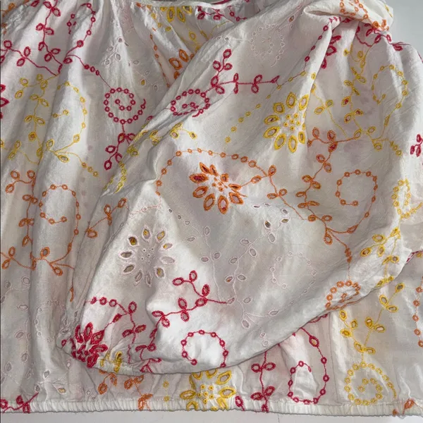 Anthropologie Maeve White Peasant Crop Top with Yellow,Orange & Pink Embroidery - Image 10