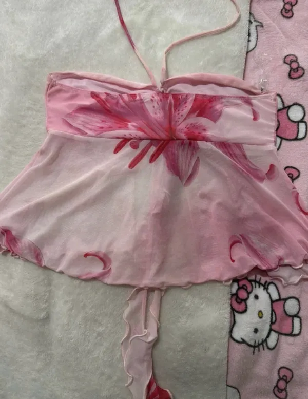 Pink Floral Split Front Babydoll Halter Top - Image 2