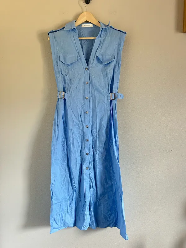 Commence Linen & Cotton V-Neck Midi Dress with Metal Button small - Image 5