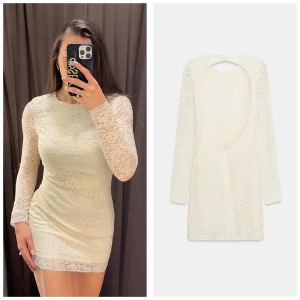 NWT Zara White Lace Long Sleeve Open Back Mini Dress Size Small Bridal Chic - Image 3