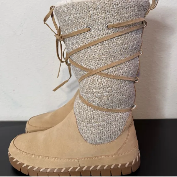 Muk Luks Womens Sweater‎ Knit Boots Mid Calf Size 9.5 Suede Leather Strappy Fur - Image 6