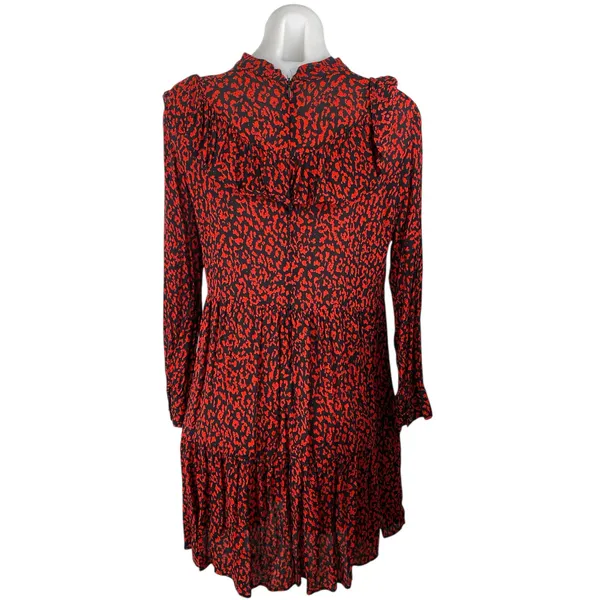 ZARA Red Black Leopard Print Ruffle Mock Neck Long Sleeves Mini A-Line Dress S - Image 2