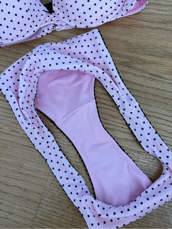 Pink Polka Dot Bikini Set with Black Trim - Image 2